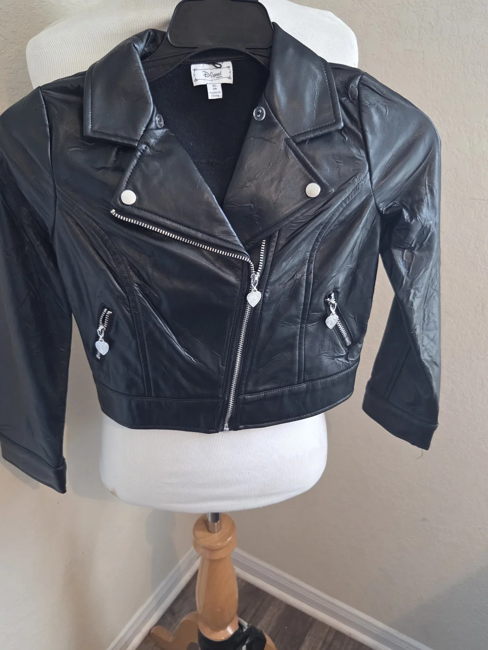 Disney Black Faux Leather Kids Moto Jacket with Heart Zipper Pulls